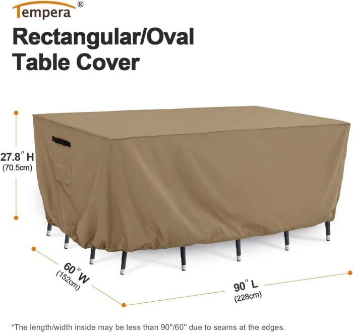 Tempera Outside Table and Chair Covers, Outdoor Dining Set Cover, Patio Furniture Cover Waterproof, Heavy Duty for Winter, Rectangle, 74''L x 47''W x 27.8''H, Taupe - Image 2