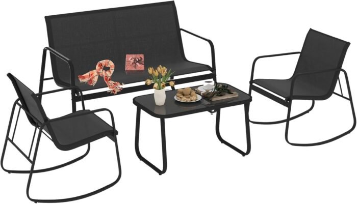 DWVO 4-Piece Patio Furniture Set, Textilene Conversation Set with 2 Rocking Chairs and Tempered Glass Coffee Table, Perfect for Indoor Patio Lawn Garden Poolside, Black
