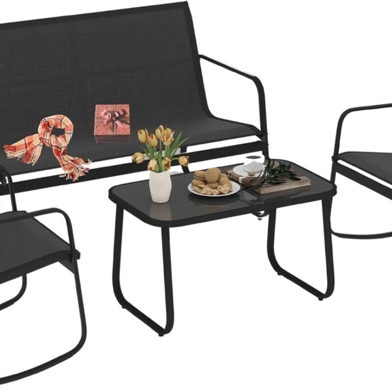 DWVO 4-Piece Patio Furniture Set, Textilene Conversation Set with 2 Rocking Chairs and Tempered Glass Coffee Table, Perfect for Indoor Patio Lawn Garden Poolside, Black