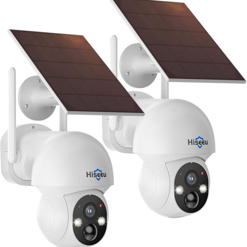 Hiseeu Solar Security Camera, 2PCS 4MP Wireless WiFi Camera Outdoor, PTZ 360° View, PIR Motion Detection, Color Night Vision, IP66, 2-Way Audio, 2.4G WiFi, No Monthly Fee