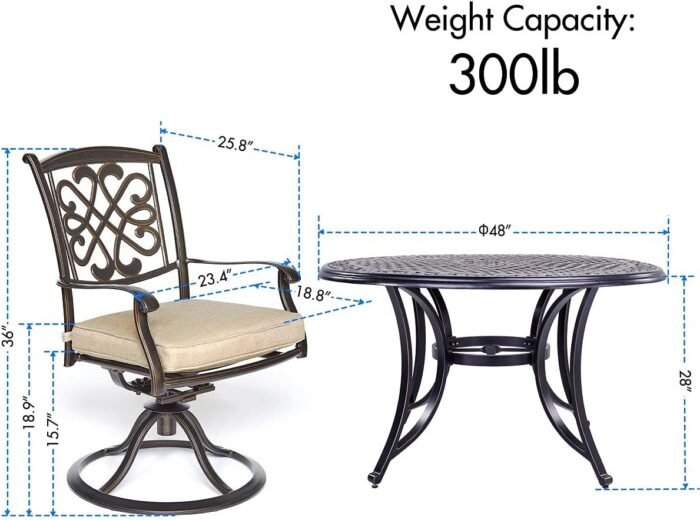 DALI 5 Piece Outdoor Dining Set Patio Furniture, Deep Cushioned Aluminum Swivel Rocker Chair Set with 48 inch Round Alum Casting Table - Image 7