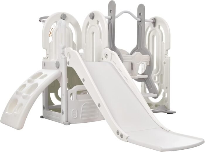 Merax 5-in-1 Kids Slide with Swing Set, Toddler Slide with Climber, Basketball Hoop and Storage Space, Freestanding Outdoor Indoor Slide Playset for Toddlers Age 1+