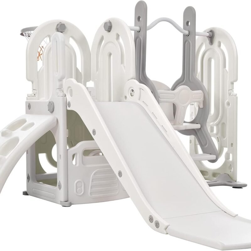 Merax 5-in-1 Kids Slide with Swing Set, Toddler Slide with Climber, Basketball Hoop and Storage Space, Freestanding Outdoor Indoor Slide Playset for Toddlers Age 1+