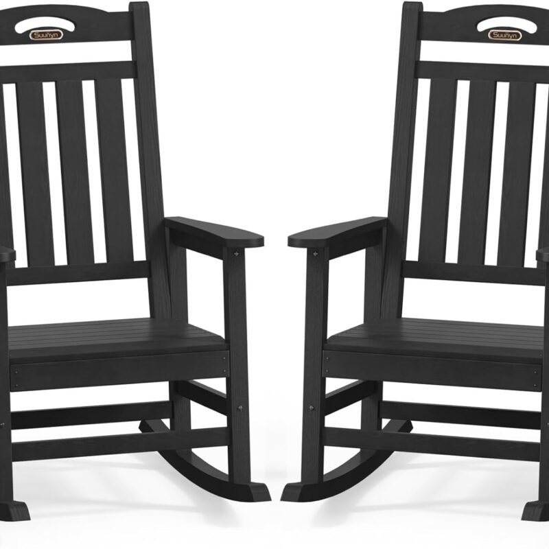 Oversized Outdoor Rocking Chair Set of 2, High Back Porch Rocker Chair, HDPE All Weather Resistant Rocking Chairs for Patio,380lbs Weight Capacity, Black