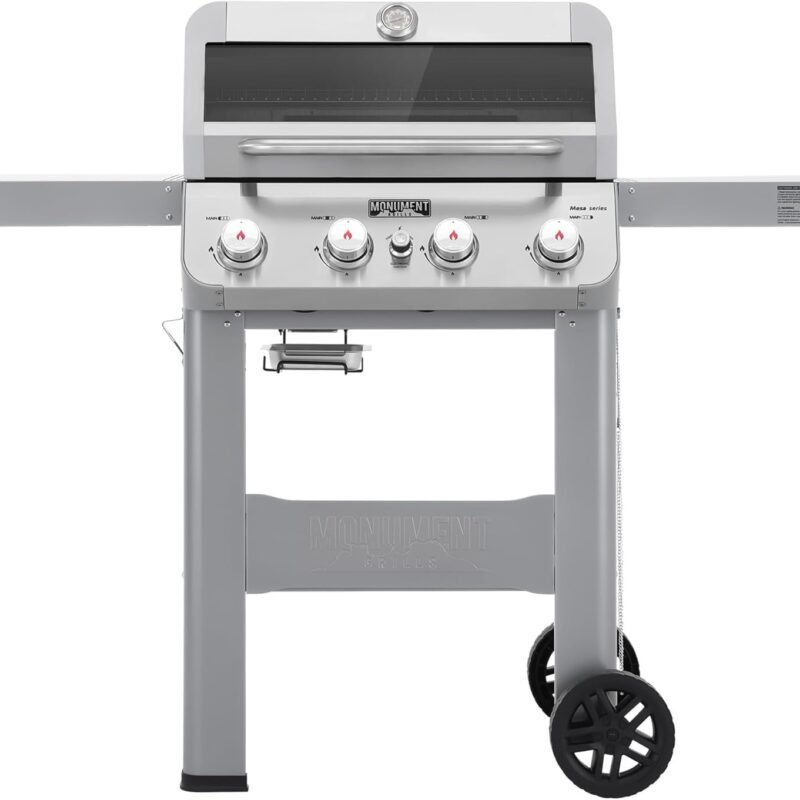 Monument Grills 4-Burner Liquid Propane Gas Grill, Silver Stainless Steel Grill Outdoor Patio Garden Barbecue Grill with Clearview® Lid and One Foldable Shelf, Mesa400MF