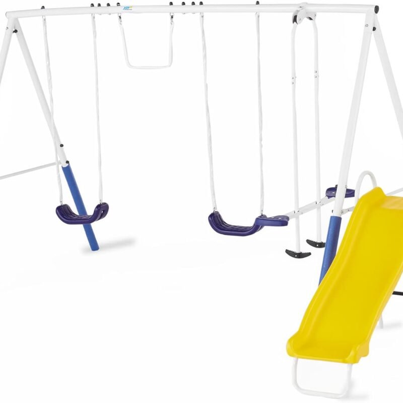 XDP Recreation Blue Ridge Backyard Playground Set Sturdy Metal A Frame Swing with Chain Covers, Glider, Trapeze, 2 Swings, and Slide, Multicolor