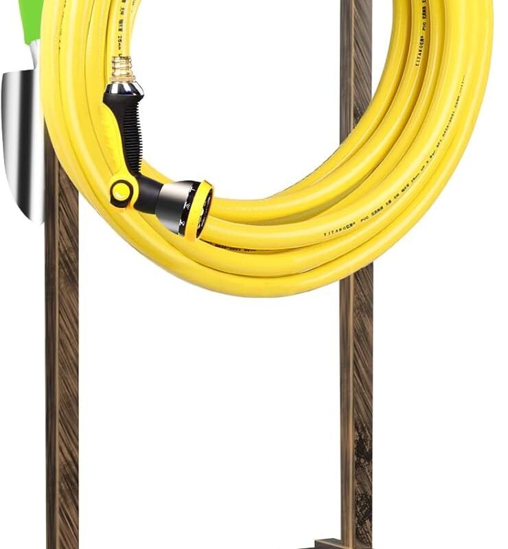 TomCare Garden Hose Holder Upgraded 4 Spikes Water Hose Holder with 2 Tool Hooks Sturdy Hose Reel Holds 150ft Hose Freestanding Hose Stand Hose Storage for Outside Yard Lawn, Rustic Bronze