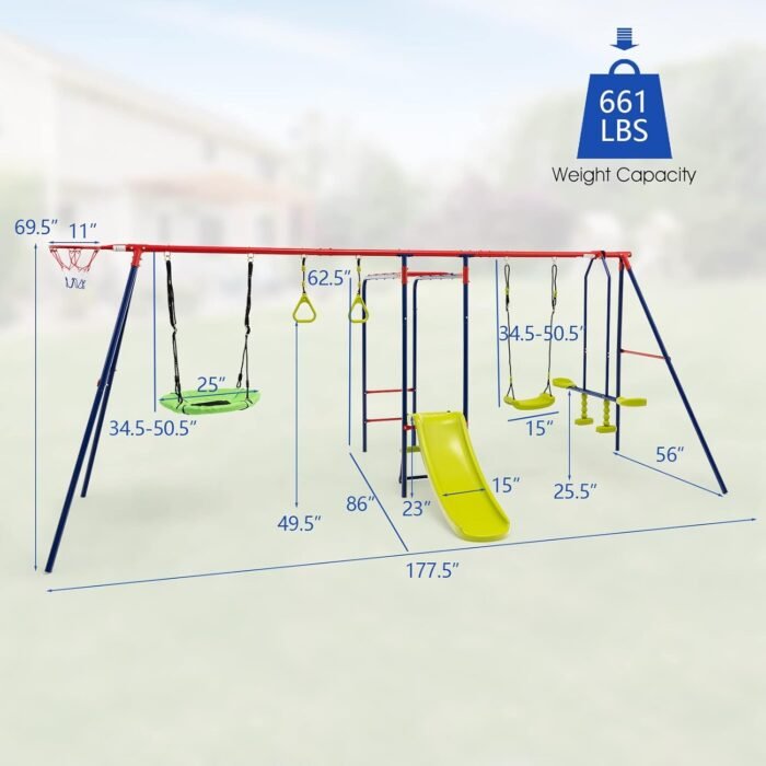 OLAKIDS Swing Sets for Backyard, 7 in 1 Outdoor 660LBS A-Frame Heavy Duty Metal Swing Stand with Monkey Bar for Kids, Playground Playset with Slide, 2 Swings, Glider, Trapeze Rings, Basketball Hoop - Image 7