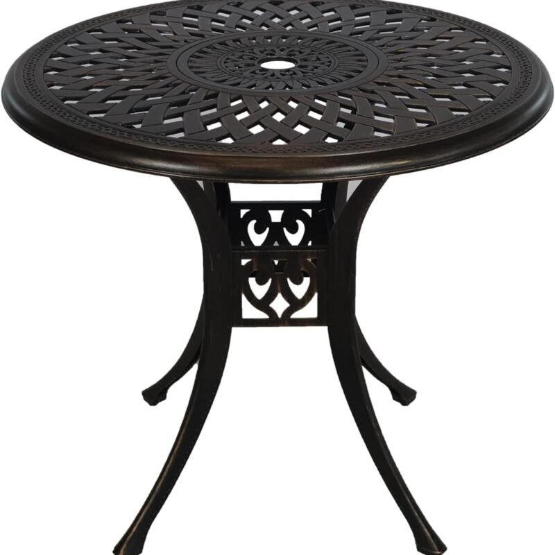 30.3" Patio Bistro Table Cast Aluminum Patio Table,Metal Patio Dining Table with Umbrella Hole,All Weather Outdoor Bistro Dining Table for Backyard, Garden, Balcony, Bronze
