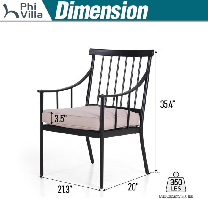 PHI VILLA Outdoor Metal Steel Dining Chairs with Cushion, Black Heavy-Duty Weatherproof Armchairs for Patio, Deck, Yard - Set of 6 - Image 3