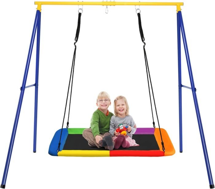 Costzon 550lbs Swing Frame Stand with 60'' Platform Swing, A-Frame Swing Sets for Backyard All Weather w/Ground Stakes, Adjustable Ropes, Great for Indoor Outdoor