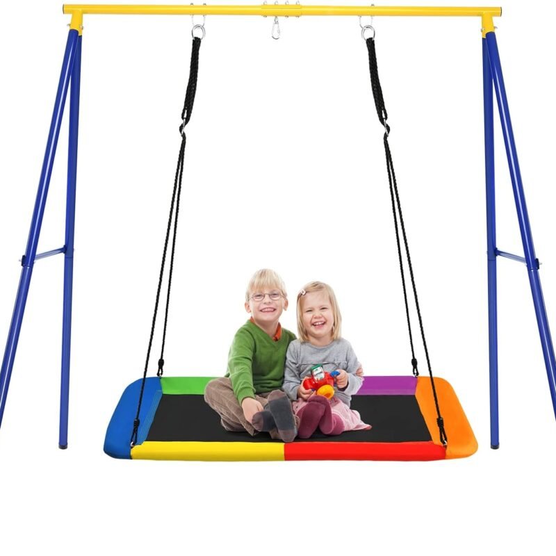 Costzon 550lbs Swing Frame Stand with 60'' Platform Swing, A-Frame Swing Sets for Backyard All Weather w/Ground Stakes, Adjustable Ropes, Great for Indoor Outdoor