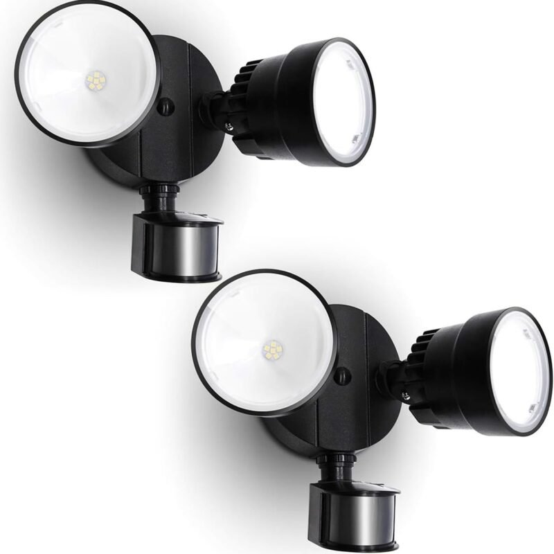 LUTEC Shrimp P6221B-PIR24 2000 Lumen 18 Watt 26 LED Motion Activated Integrated Dual-Head Floodlight Outdoor, IP54 Waterproof Exterior Security Wall Light for Patio, Garden, Yard-Black, 2 Pack