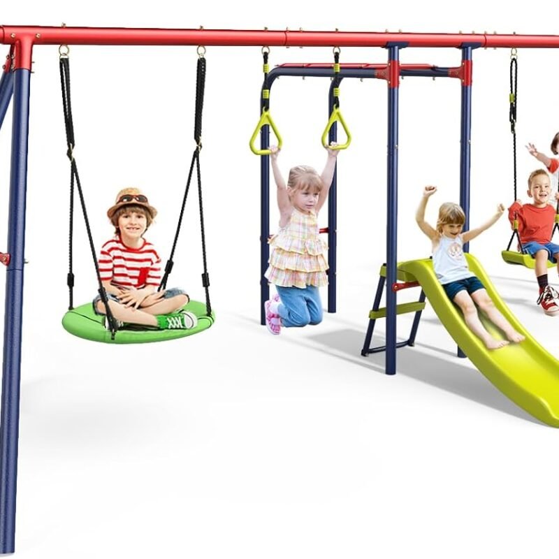 OLAKIDS Swing Sets for Backyard, 7 in 1 Outdoor 660LBS A-Frame Heavy Duty Metal Swing Stand with Monkey Bar for Kids, Playground Playset with Slide, 2 Swings, Glider, Trapeze Rings, Basketball Hoop