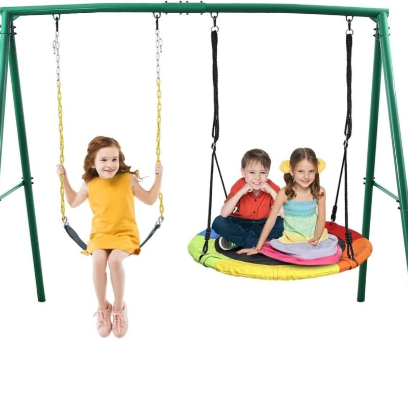Trekassy 440lbs 2 Seat Swing Sets for Backyard, 1 Saucer Swing and 1 Belt Swing with Heavy Duty Outdoor A-Frame Metal Swing Stand for Playground, Playset