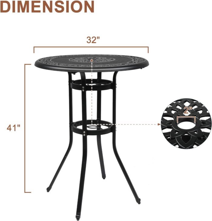 VINGLI Outdoor Bar Table, Cast Aluminum Bar Height Patio Table with Umbrella Hole Patio Dining Table, Tall Outdoor Table Bistro Table Outdoor Furniture Garden Table 32" Dia x 41 H (Black) - Image 3