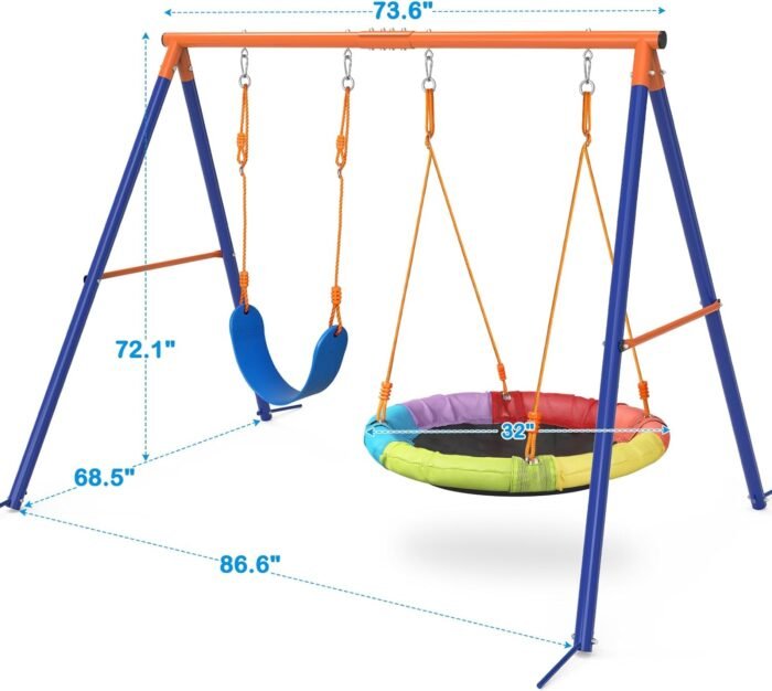 Swing Set with Stand for Kids, Heavy Duty Metal A-Frame Out Playset Holds 440 lbs, Swing Stand with 32" Saucer Seat and 26.2" Seat, Outdoor Swing Sets for Backyard - Image 8