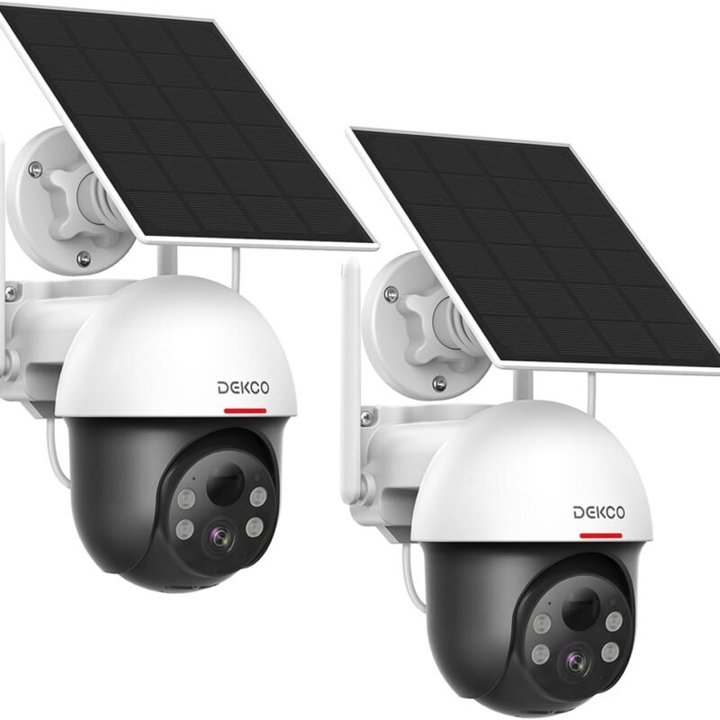 DEKCO Security Cameras Wireless Outdoor, Solar Powered, Panoramic PTZ, Auto Motion Tracking, True 2K, Color Night Vision, Spotlights, 2-Way Talk, 2 Pack