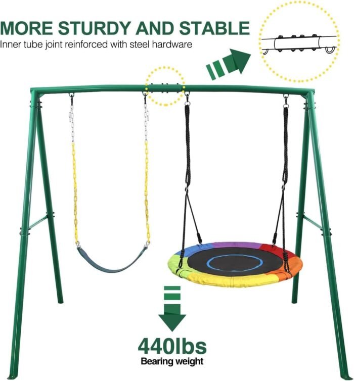 Trekassy 440lbs 2 Seat Swing Sets for Backyard, 1 Saucer Swing and 1 Belt Swing with Heavy Duty Outdoor A-Frame Metal Swing Stand for Playground, Playset - Image 2