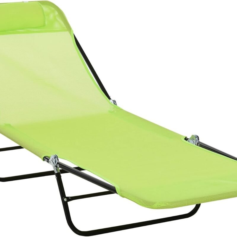 Outsunny Folding Chaise Lounge Chair, Pool Sun Tanning Chair, Outdoor Lounge Chair with Reclining Back, Breathable Mesh Seat, Headrest for Beach, Yard, Patio, Green