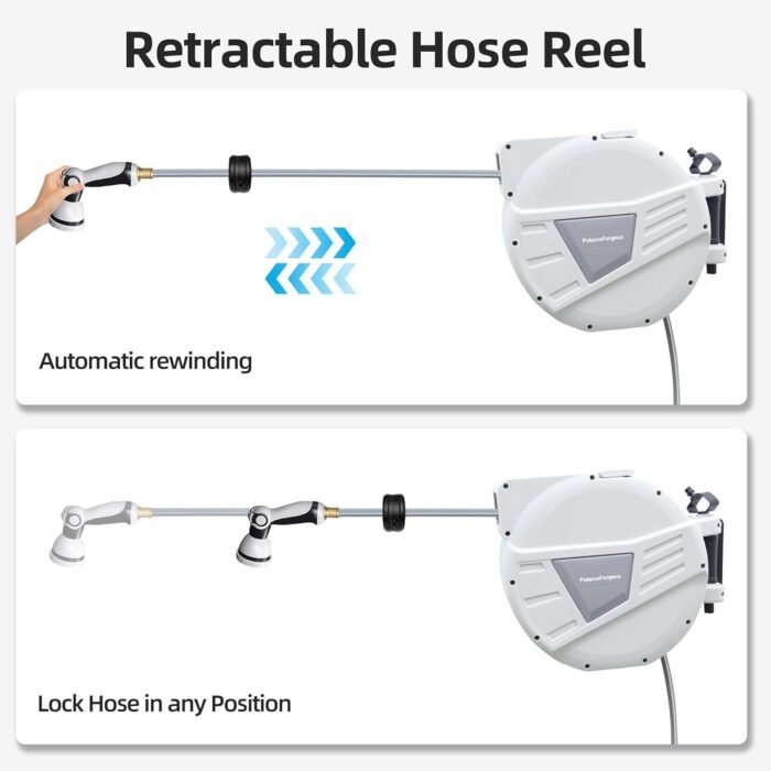 Garden Hose Reel Retractable Hose Reel 1/2 Inch x 130 ft, Any Length Lock Water Hose Reel with 10 Pattern Nozzle, Wall Mounted Retractable Hose Reel Slow Return System and 180° Swivel, Gray - Image 5