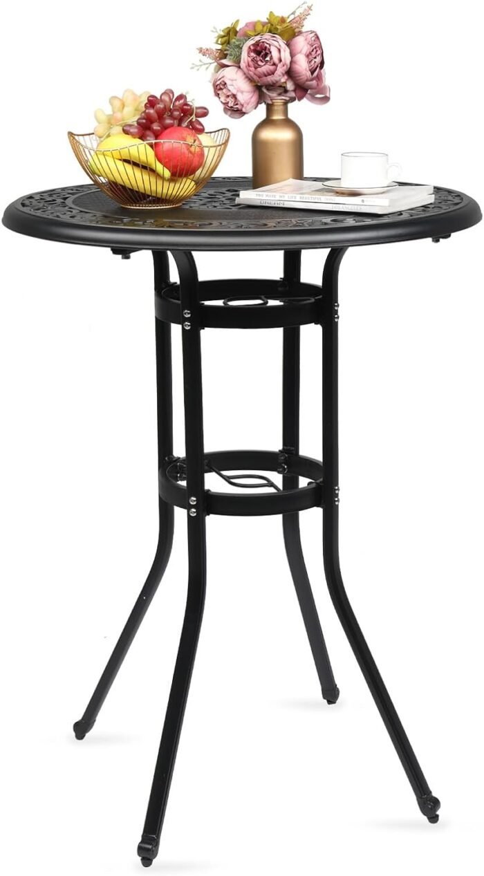 VINGLI Outdoor Bar Table, Cast Aluminum Bar Height Patio Table with Umbrella Hole Patio Dining Table, Tall Outdoor Table Bistro Table Outdoor Furniture Garden Table 32" Dia x 41 H (Black)