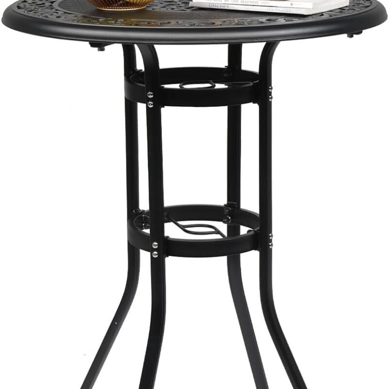 VINGLI Outdoor Bar Table, Cast Aluminum Bar Height Patio Table with Umbrella Hole Patio Dining Table, Tall Outdoor Table Bistro Table Outdoor Furniture Garden Table 32" Dia x 41 H (Black)