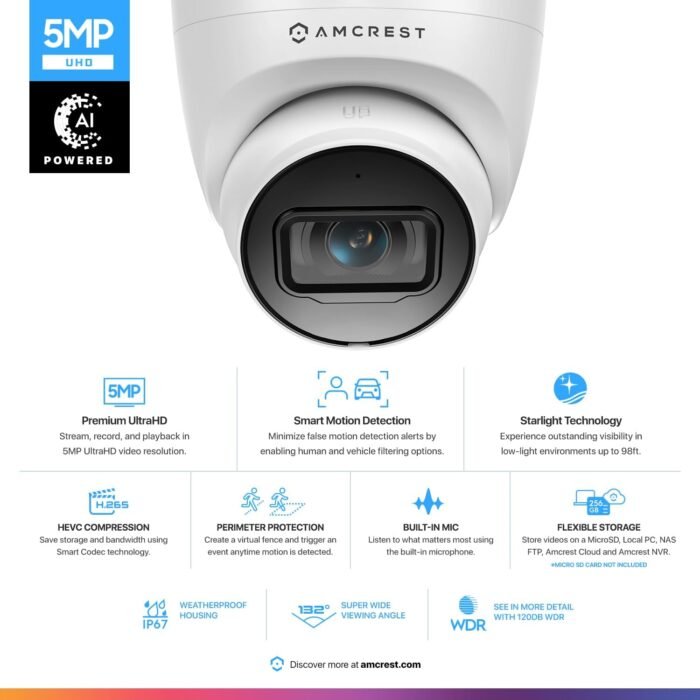 Amcrest 5MP Turret POE Camera, UltraHD Outdoor IP Camera POE with Mic/Audio, 5-Megapixel Security Surveillance Cameras, 98ft NightVision, 132° FOV, MicroSD (256GB), (IP5M-T1179EW-AI-V3) - Image 2