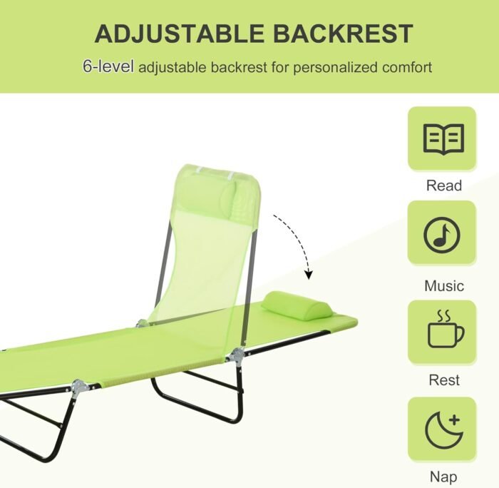 Outsunny Folding Chaise Lounge Chair, Pool Sun Tanning Chair, Outdoor Lounge Chair with Reclining Back, Breathable Mesh Seat, Headrest for Beach, Yard, Patio, Green - Image 4