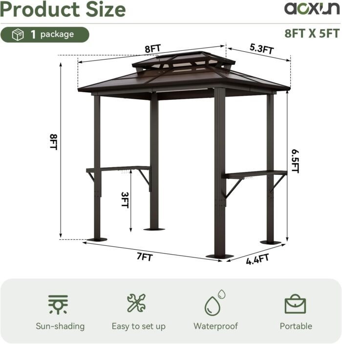 Aoxun Grill Gazebo 8 x 5FT, Outdoor Barbecue Gazebo with Double Polycarbonate Top, Aluminum Grill Canopy with Shelves for Patio, Lawn, Garden - Image 3