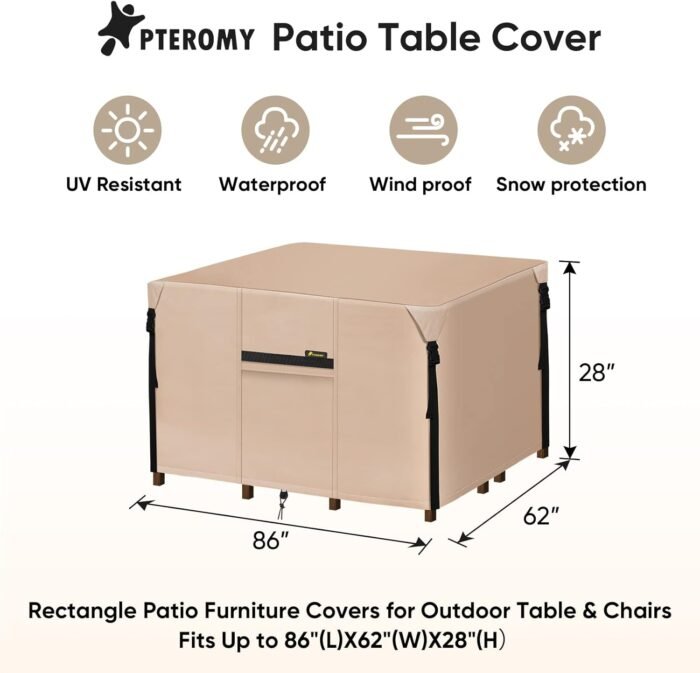 PTEROMY Waterproof Patio Table Cover, Heavy Duty 600D Canvas Patio Furniture Covers for Outdoor Dining Table and Chairs (Beige, 86''x 62'') - Image 5