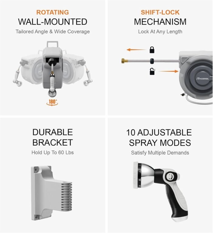 150 FT x 1/2" Retractable Garden Hose Reel by HOZEREEL, Outdoor Garden Hose Reels - Automatic Self Retract Wall Mount Hose Reel Enclosed Storage, Any Length Lock, 10 Pattern Nozzle-Grey - Image 3