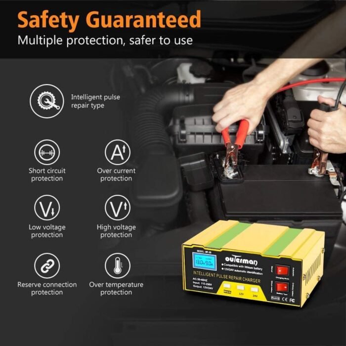 Outerman Car Battery Charger 12V 24V Lithium Battery Charger, Auto Battery Charger Maintainer for Car Boat Motorcycle Lawn Mower Lead Acid Battery or Lithium Battery Capacity: 6AH~105AH - Image 4