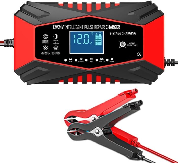 12-Amp Car Battery Charger,12V and 24V Smart Fully Automatic Maintainer Trickle Charger w/Temperature Compensation for Truck Motorcycle Lawn Mower Boat Marine Lead Acid Batteries (red)
