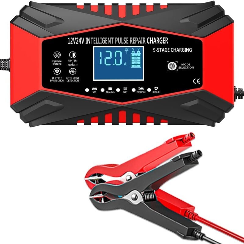12-Amp Car Battery Charger,12V and 24V Smart Fully Automatic Maintainer Trickle Charger w/Temperature Compensation for Truck Motorcycle Lawn Mower Boat Marine Lead Acid Batteries (red)