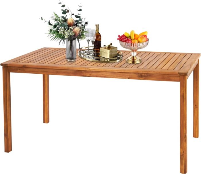 VINGLI Outdoor Dining Table, 57" Acacia Wood Rectangular Table with Umbrella Hole for Deck, Backyard, Lawn, Garden, Indoor