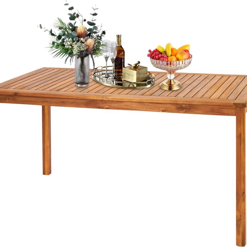 VINGLI Outdoor Dining Table, 57" Acacia Wood Rectangular Table with Umbrella Hole for Deck, Backyard, Lawn, Garden, Indoor