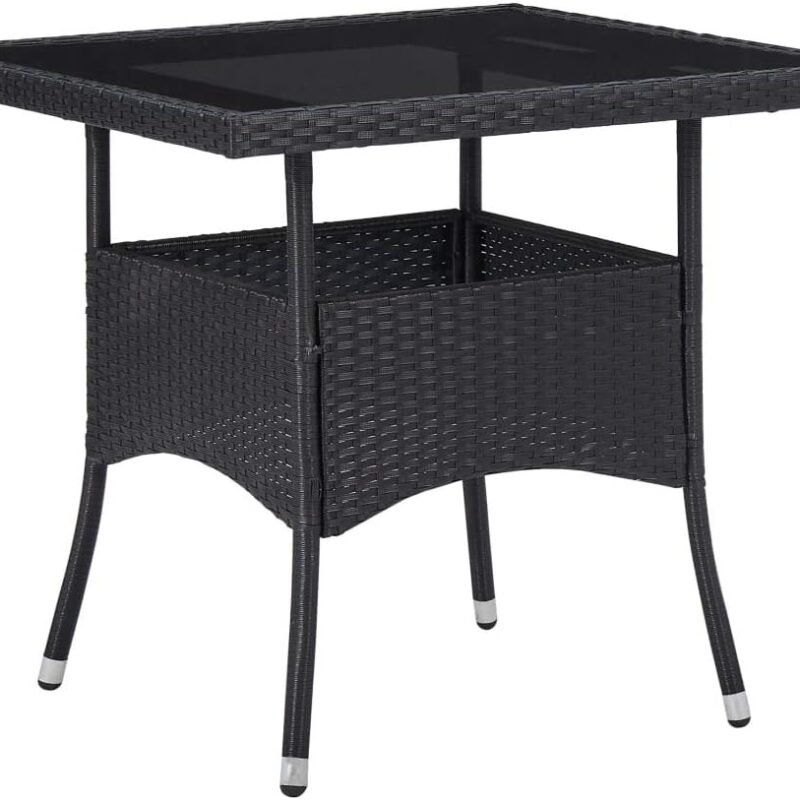 vidaXL Patio Dining Table with Tempered Glass Top, Square Shape, Weather-Resistant Black Poly Rattan and Steel Frame, Suitable for Outdoor/Indoor Use