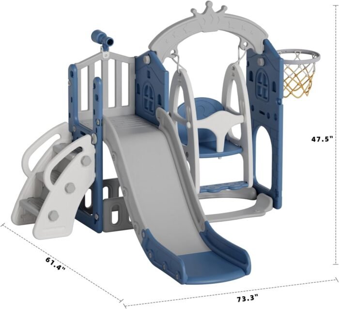 67i Toddler Swing and Slide Set Indoor Swing for Kids Outdoor Baby Backyard Swing Slide Playset with Basketball Hoop Freestanding Slides with Storage Space Kids Slide for Toddlers Age 1+(Blue Grey) - Image 6