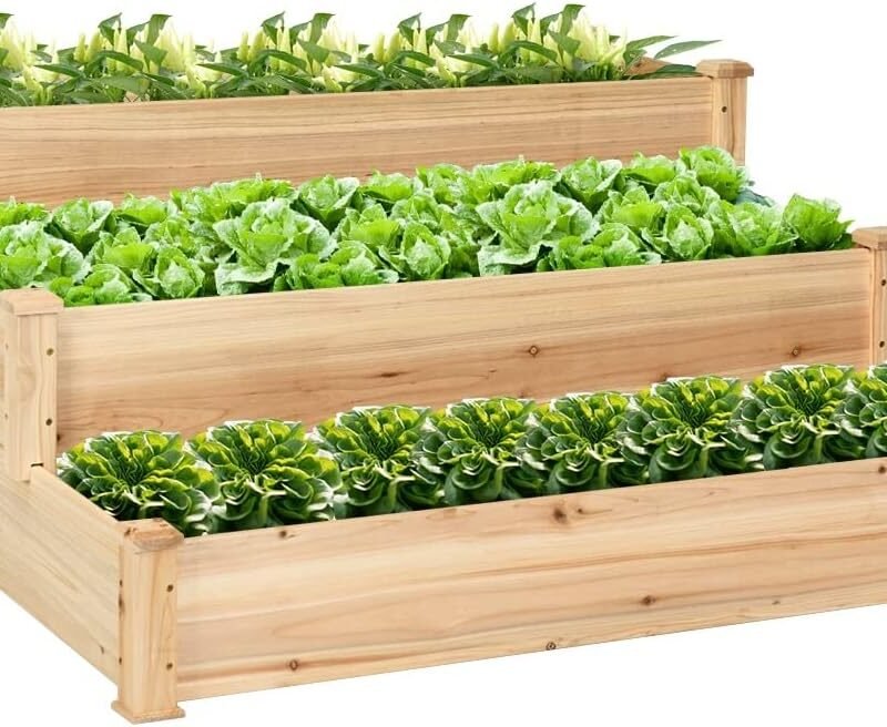 S AFSTAR 3-Tier Raised Garden Bed, Wood Elevated Planter Box with 3 Dividable Bed Kit, Outdoor Above Ground Garden Beds for Plants Herbs Vegetables, Stackable & Flat Arrangement, 49"L x 49"W x 22"H