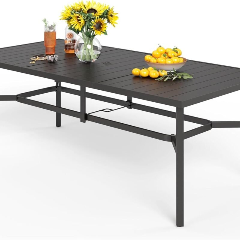 83" Patio Dining Table for 8,Large Rectangle Patio Table with Umbrella Hole,E-Coating and Powder Coating Steel Frame Metal Outdoor Patio Table for Garden Backyard Lawn Yard