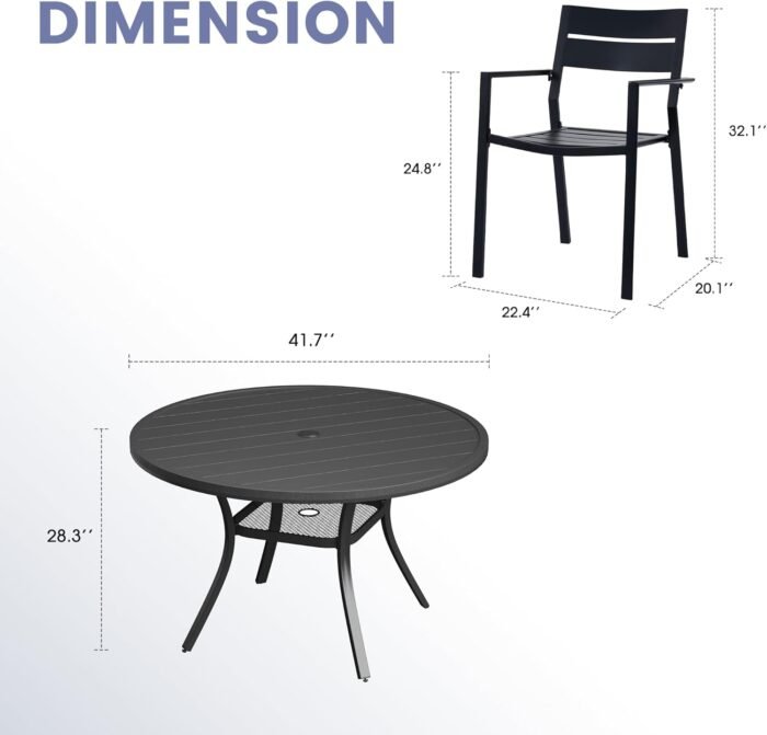 VICLLAX 5 Pieces Outdoor Dining Set, Patio Furniture Set of 4 Patio Stackable Dining Chairs and Outdoor Plastic Round Table with Storage Shelf for Lawn Garden Yard, Black Chairs and Black Table - Image 7