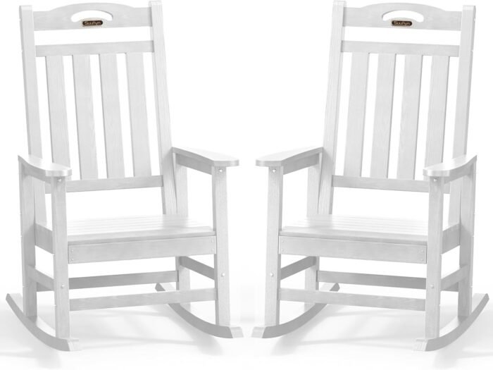 Oversized Outdoor Rocking Chair Set of 2, High Back Porch Rocker Chair, HDPE All Weather Resistant Rocking Chairs for Patio,380lbs Weight Capacity, White