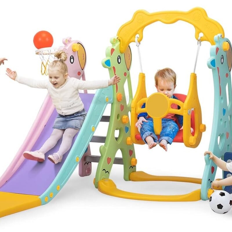 6 in 1 Toddlers Slide and Swing Playset for Children Age 3-12, Freestanding Kids Slide Climber Playset Indoor Outdoor Playground with Basketball Hoop and Football Gate