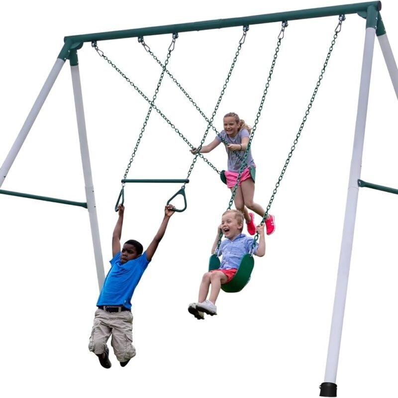 Backyard Discover Big Brutus Metal Swing Set, 10 Ft Tall, 2 Belt Swings, Trapeze Bar, Heavy Duty, Thick, Powder Coated Steel, Weather Resistant, Easy to Assemble