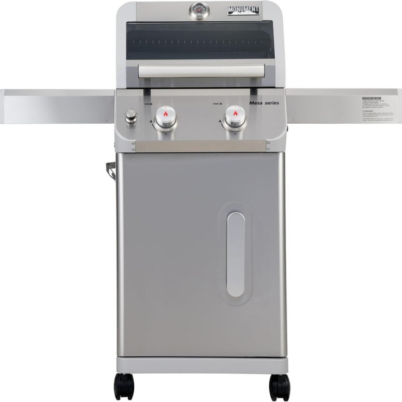 Monument Grills 2-Burner Stainless Steel Liquid Propane Gas Patio Garden Barbecue Grill with Clearview® Lid, Knob Control and Two Foldable Shelves Mesa200S