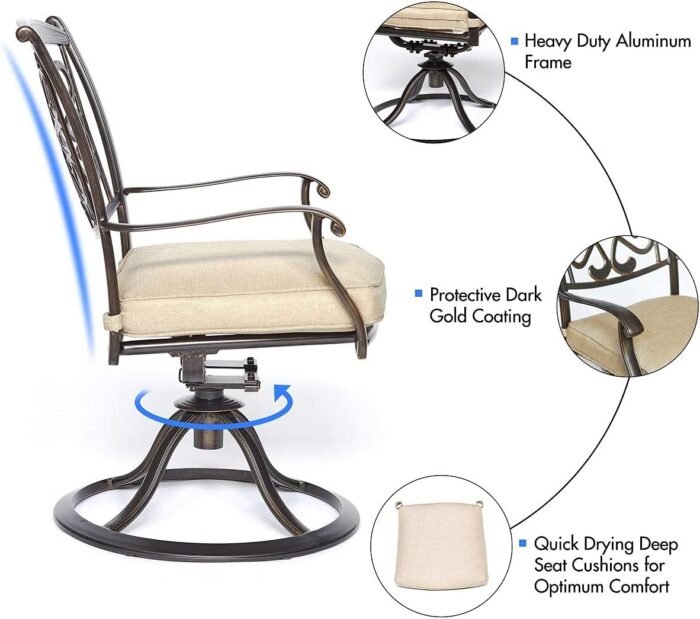 DALI 5 Piece Outdoor Dining Set Patio Furniture, Deep Cushioned Aluminum Swivel Rocker Chair Set with 48 inch Round Alum Casting Table - Image 4