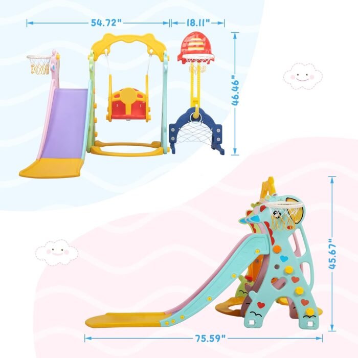 6 in 1 Toddlers Slide and Swing Playset for Children Age 3-12, Freestanding Kids Slide Climber Playset Indoor Outdoor Playground with Basketball Hoop and Football Gate - Image 5