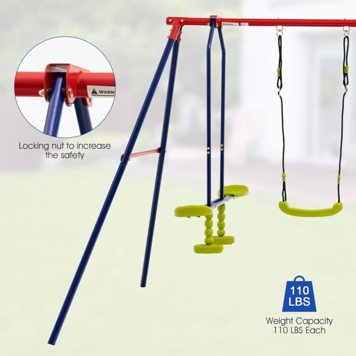 OLAKIDS Swing Sets for Backyard, 7 in 1 Outdoor 660LBS A-Frame Heavy Duty Metal Swing Stand with Monkey Bar for Kids, Playground Playset with Slide, 2 Swings, Glider, Trapeze Rings, Basketball Hoop - Image 5