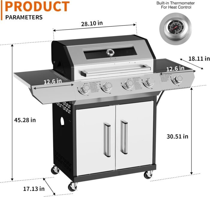 SKOK Led 4-Burner Gas BBQ Grill with Side Burner & Visual Glass, Barbecue Grill, 60,000 BTU Stainless Steel Propane Grill 629 Sq. In. Grilling Area - Image 9